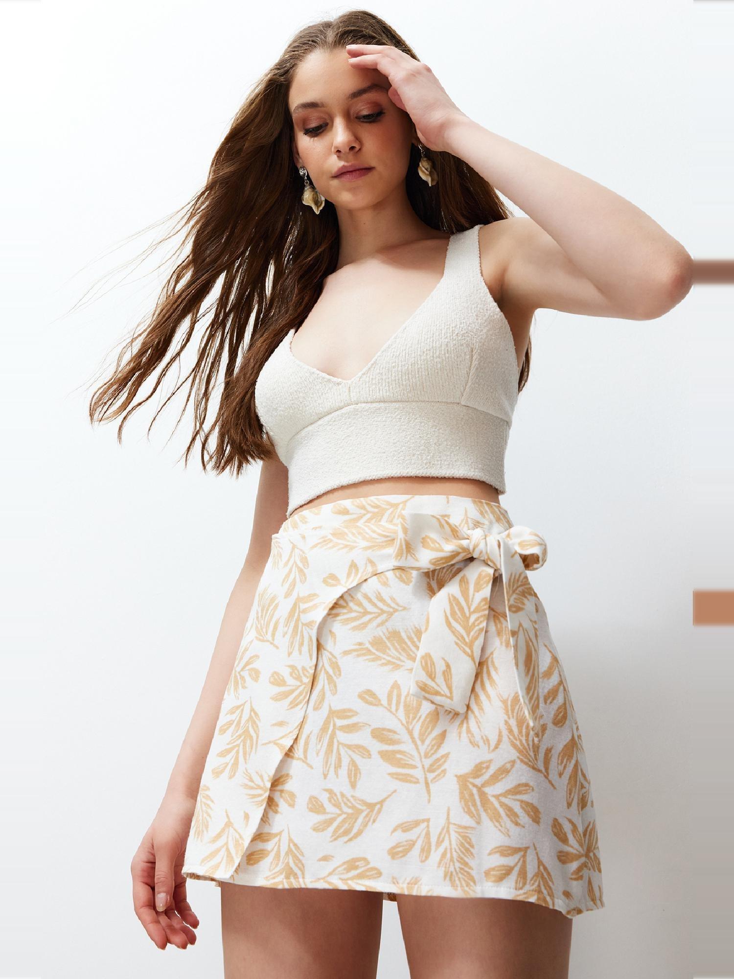 Mink Patterned Tie Detailed Double Breasted Mini Length Woven Linen Look Skirt TWOSS24ET00103, single, , large image number 1