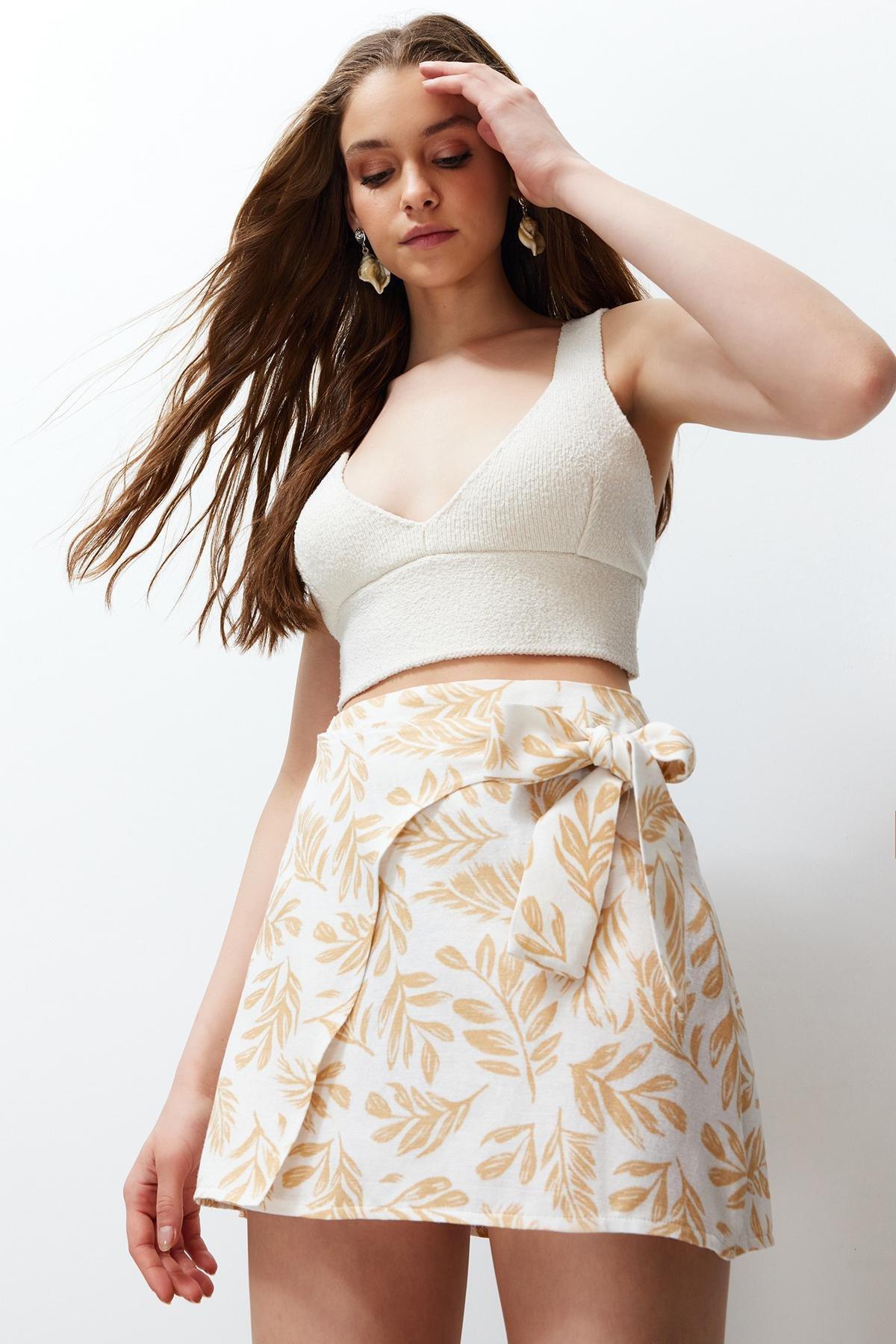 Mink Patterned Tie Detailed Double Breasted Mini Length Woven Linen Look Skirt TWOSS24ET00103, single, , large image number 3
