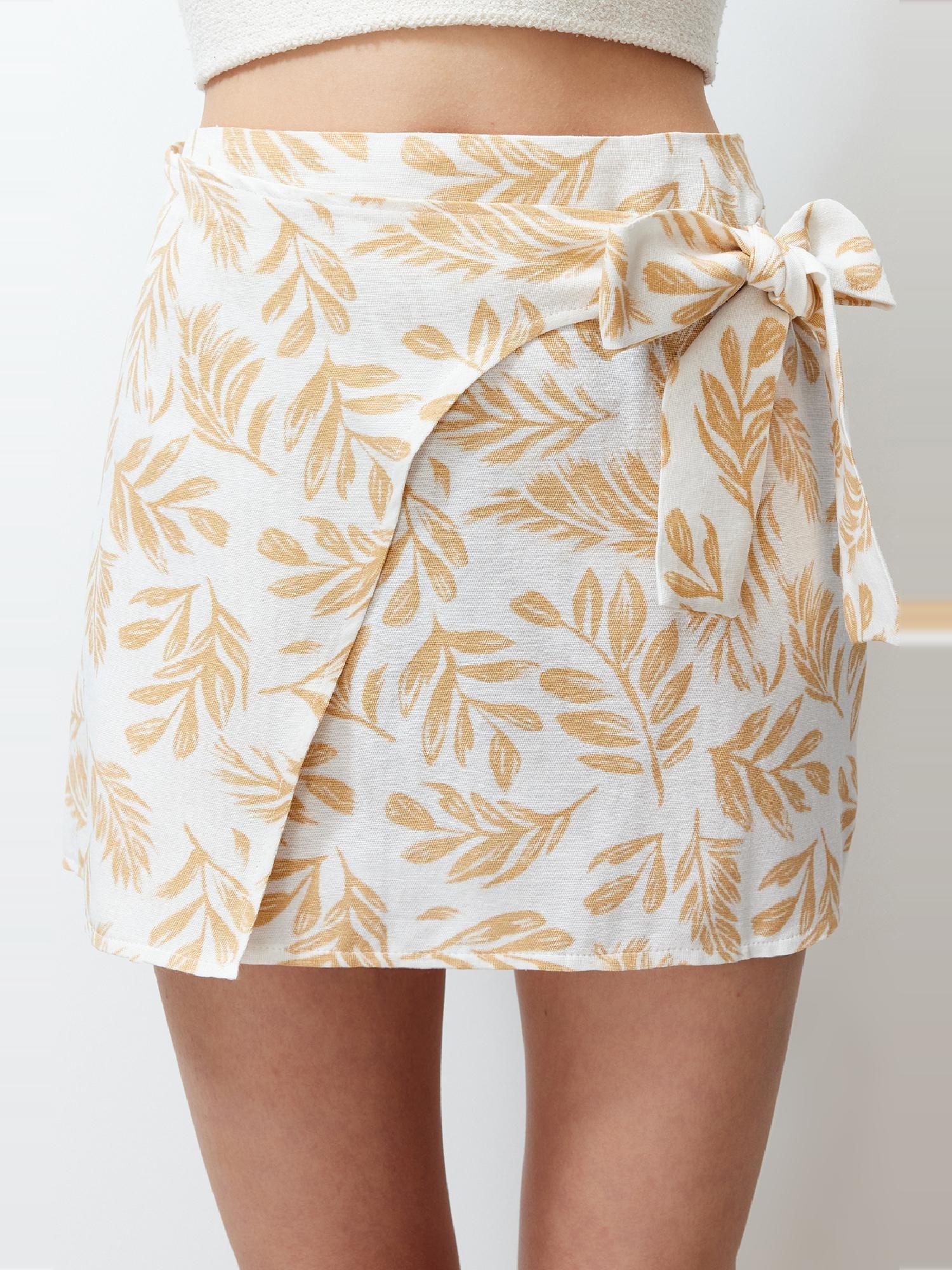 Mink Patterned Tie Detailed Double Breasted Mini Length Woven Linen Look Skirt TWOSS24ET00103, single, , large image number 6
