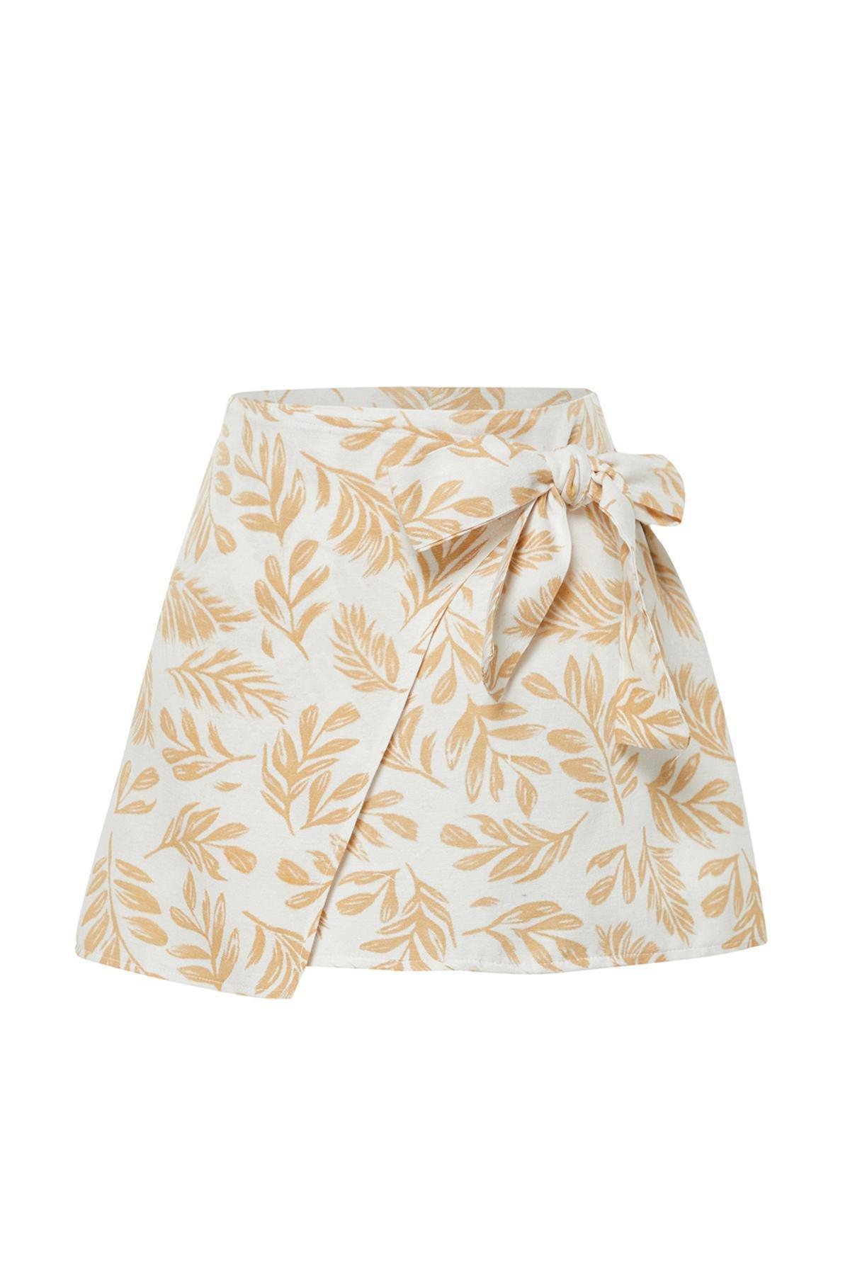 Mink Patterned Tie Detailed Double Breasted Mini Length Woven Linen Look Skirt TWOSS24ET00103, single, , large image number 11