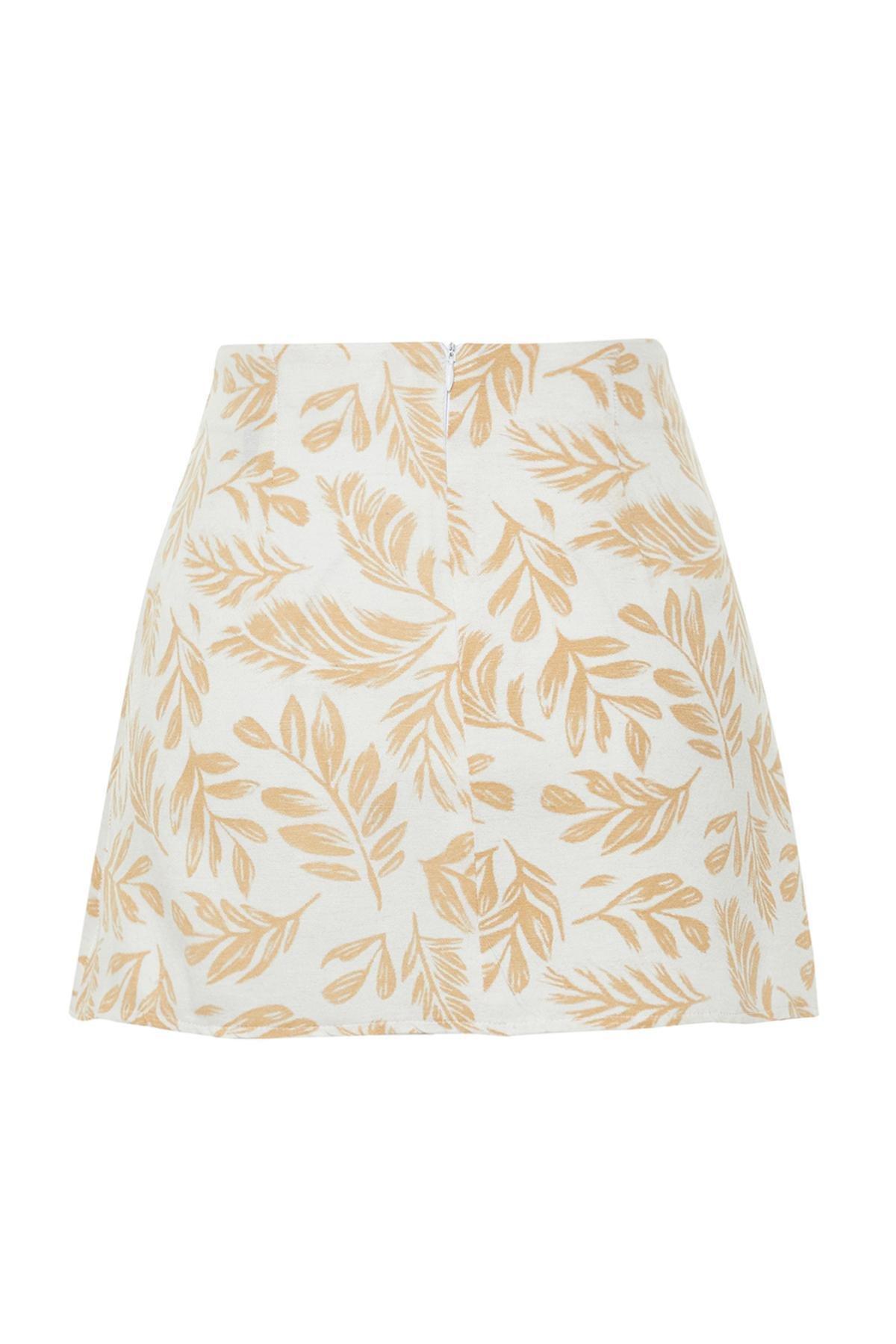 Mink Patterned Tie Detailed Double Breasted Mini Length Woven Linen Look Skirt TWOSS24ET00103, single, , large image number 13