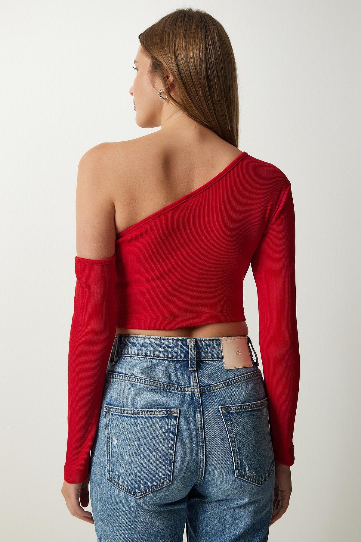 Red Sleeve Ribbed Knitted Blouse, Red, large image number 3