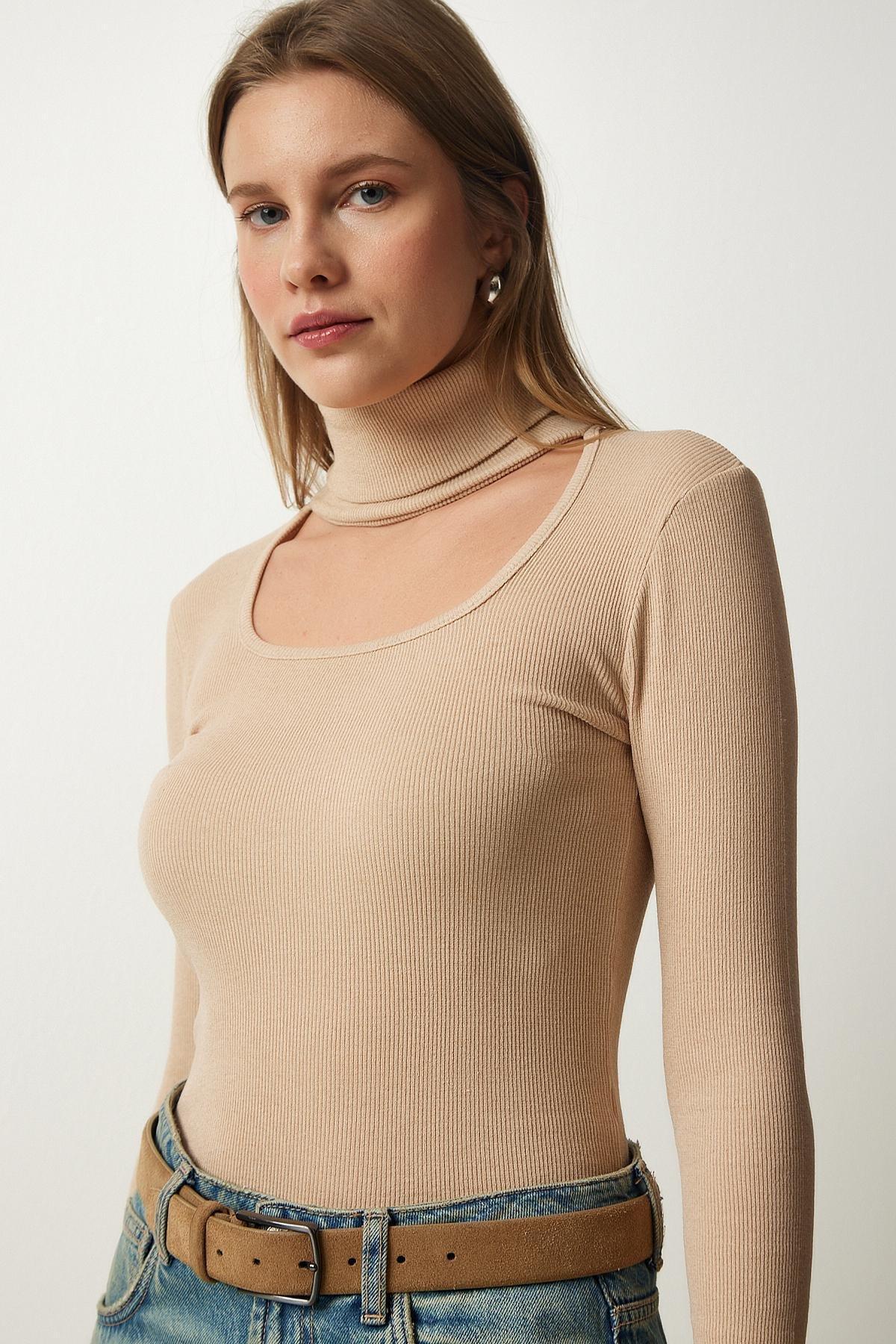 White Detailed Turtleneck Ribbed Knitted Blouse, Cream, large image number 1