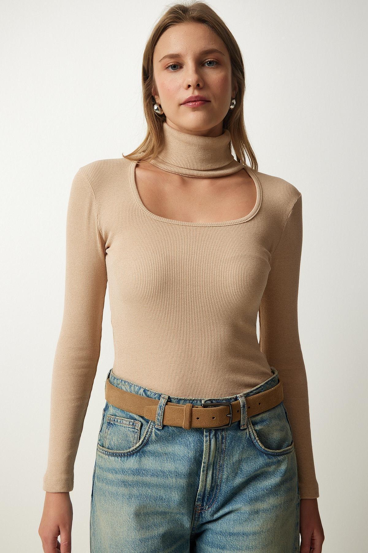White Detailed Turtleneck Ribbed Knitted Blouse, Cream, large image number 2
