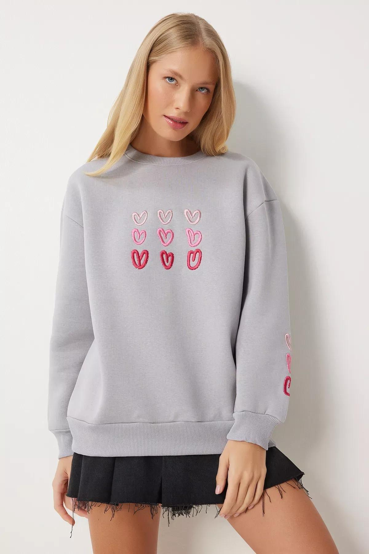 Grey Heart Embroidered Raised Sweatshirt,, , large image number 0