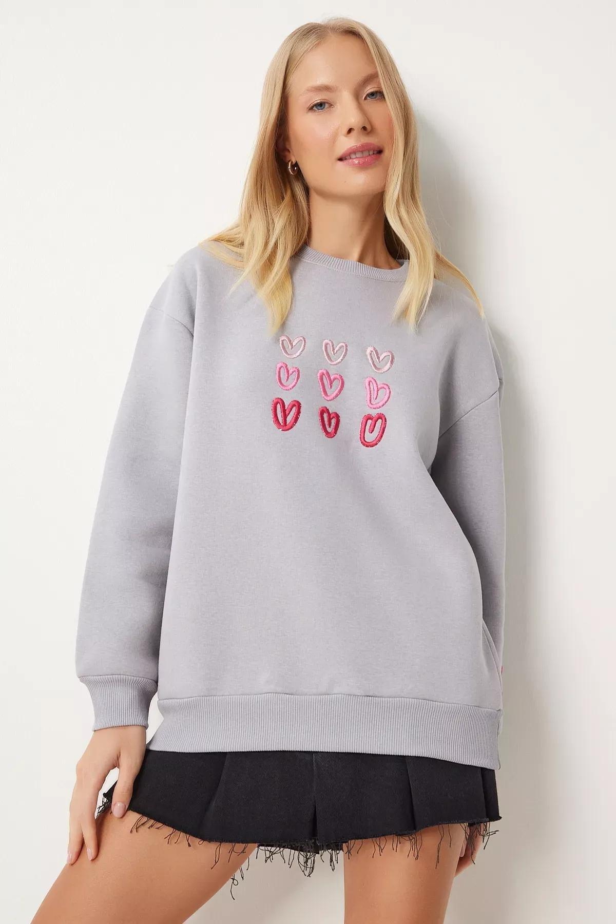 Grey Heart Embroidered Raised Sweatshirt,, , large image number 1