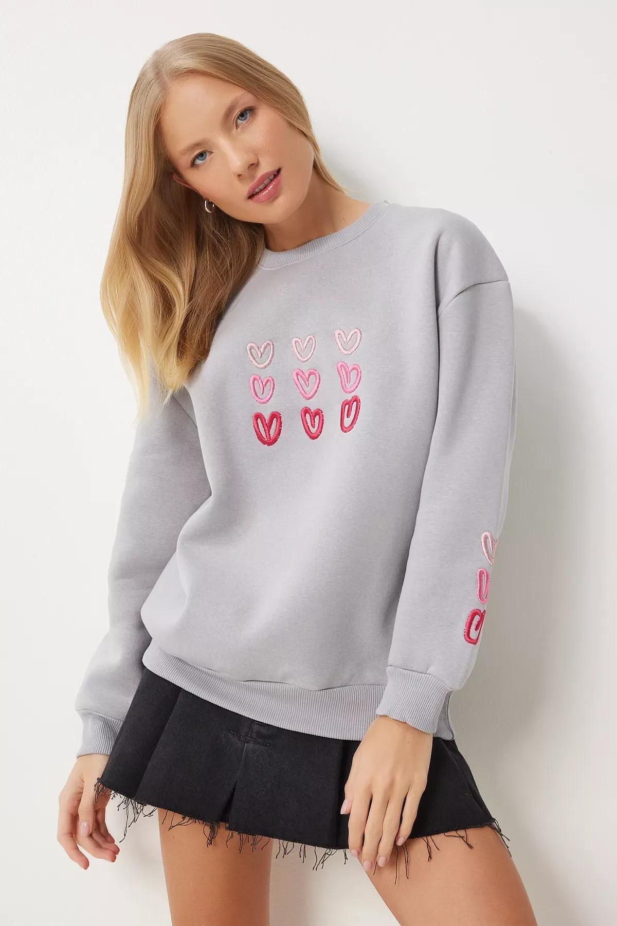 Grey Heart Embroidered Raised Sweatshirt,, , large image number 2