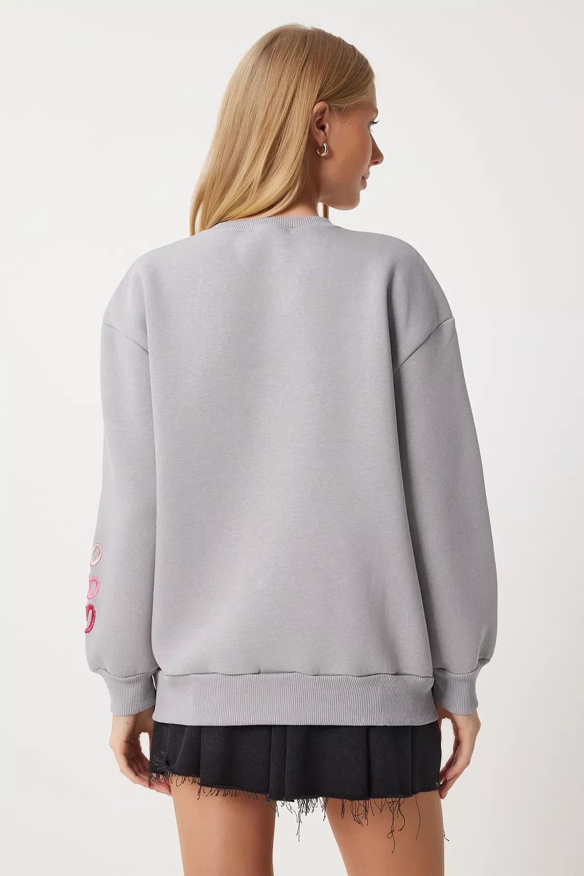 Grey Heart Embroidered Raised Sweatshirt,, , large image number 4