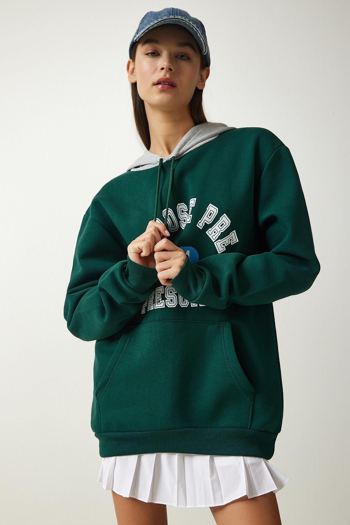 Happiness Istanbul - Green Hooded Rayon Printed Sweatshirt
