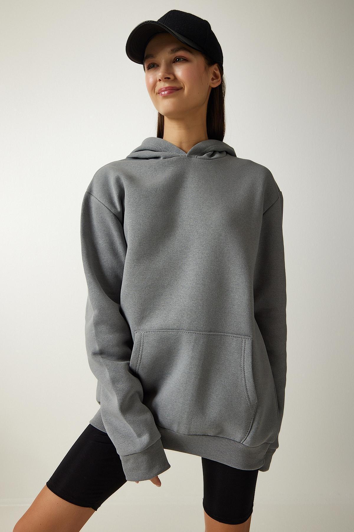 Happiness Istanbul - Grey Hooded Printed Sweatshirt