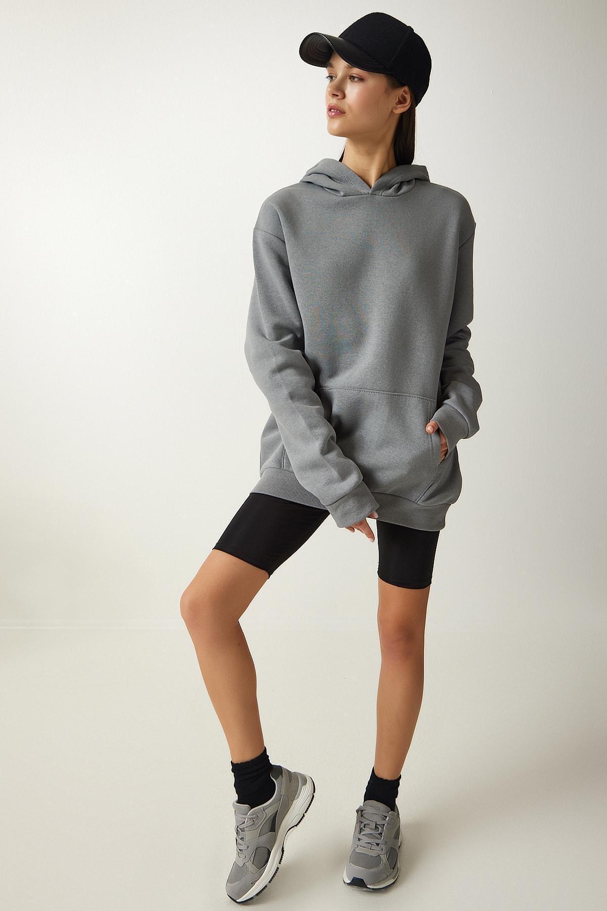 Happiness Istanbul - Grey Hooded Printed Sweatshirt