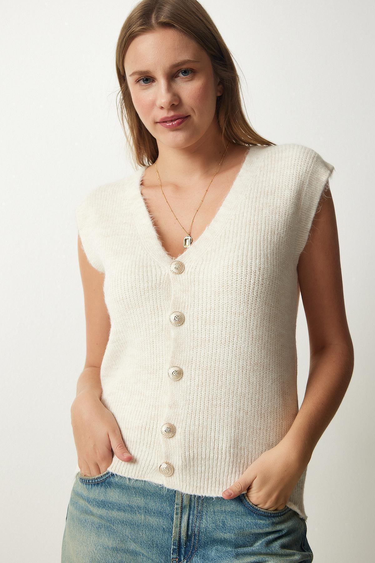 White Buttoned Knitted Vest, Cream, large image number 0