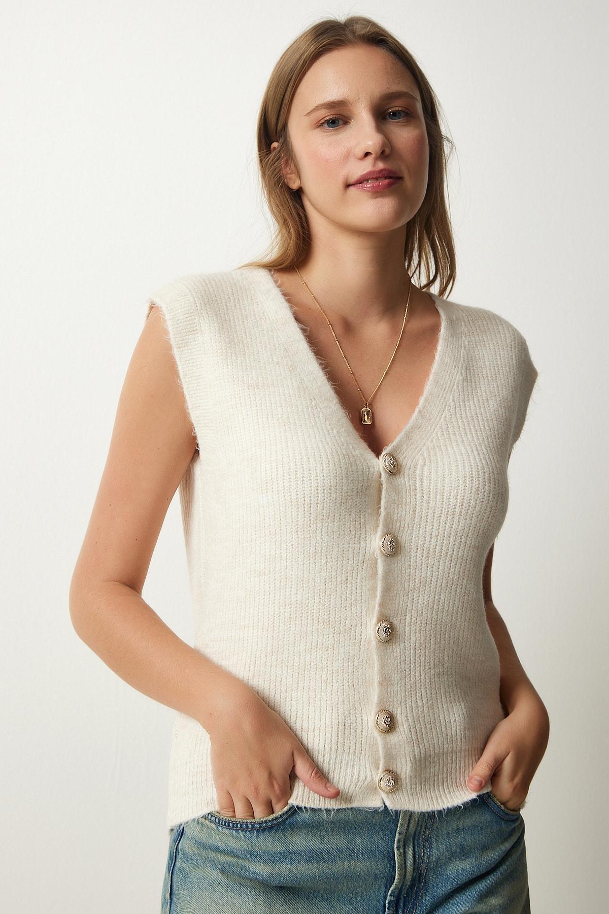 White Buttoned Knitted Vest, Cream, large image number 1