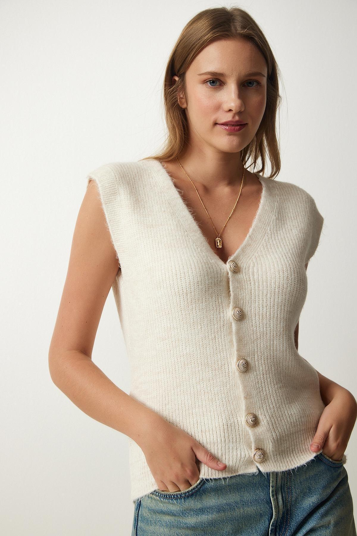 White Buttoned Knitted Vest, Cream, large image number 2