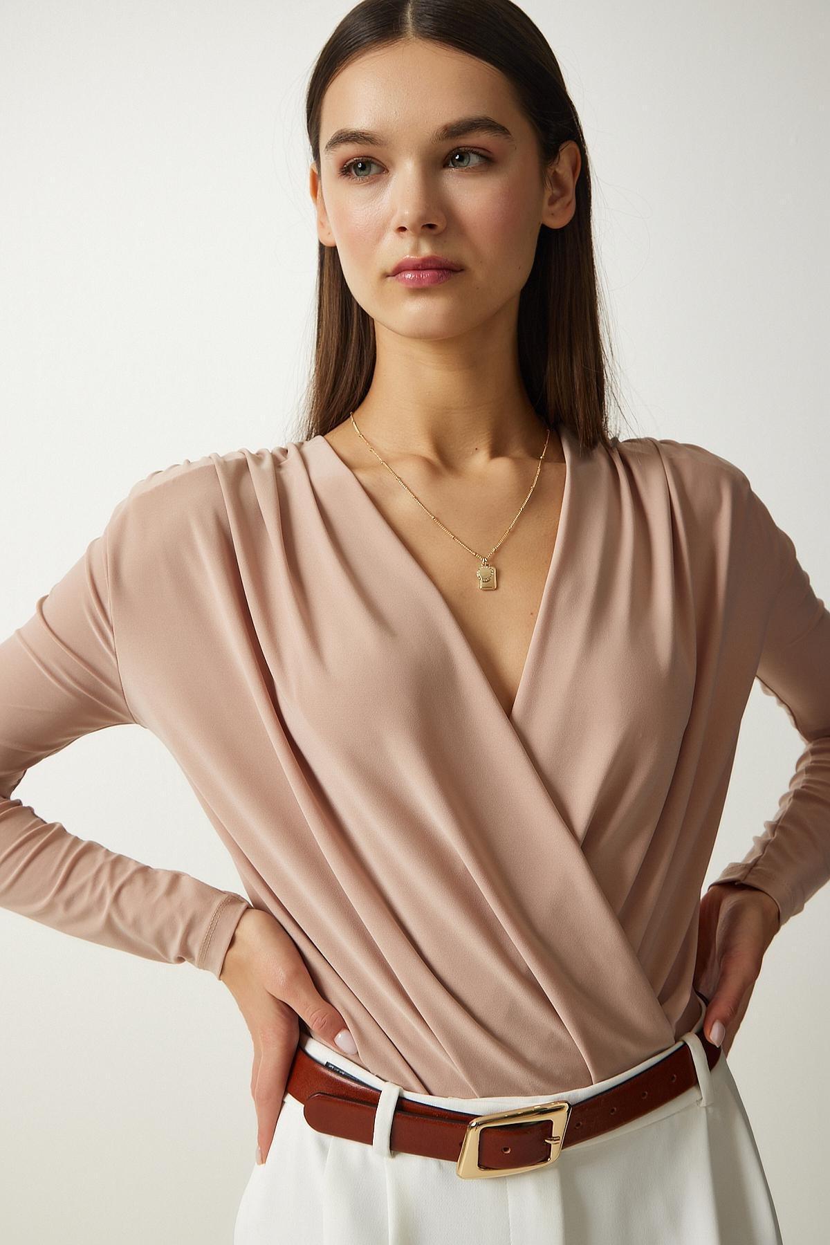 Beige Wrap Collar Snap-On Knitted Blouse, Beige, medium