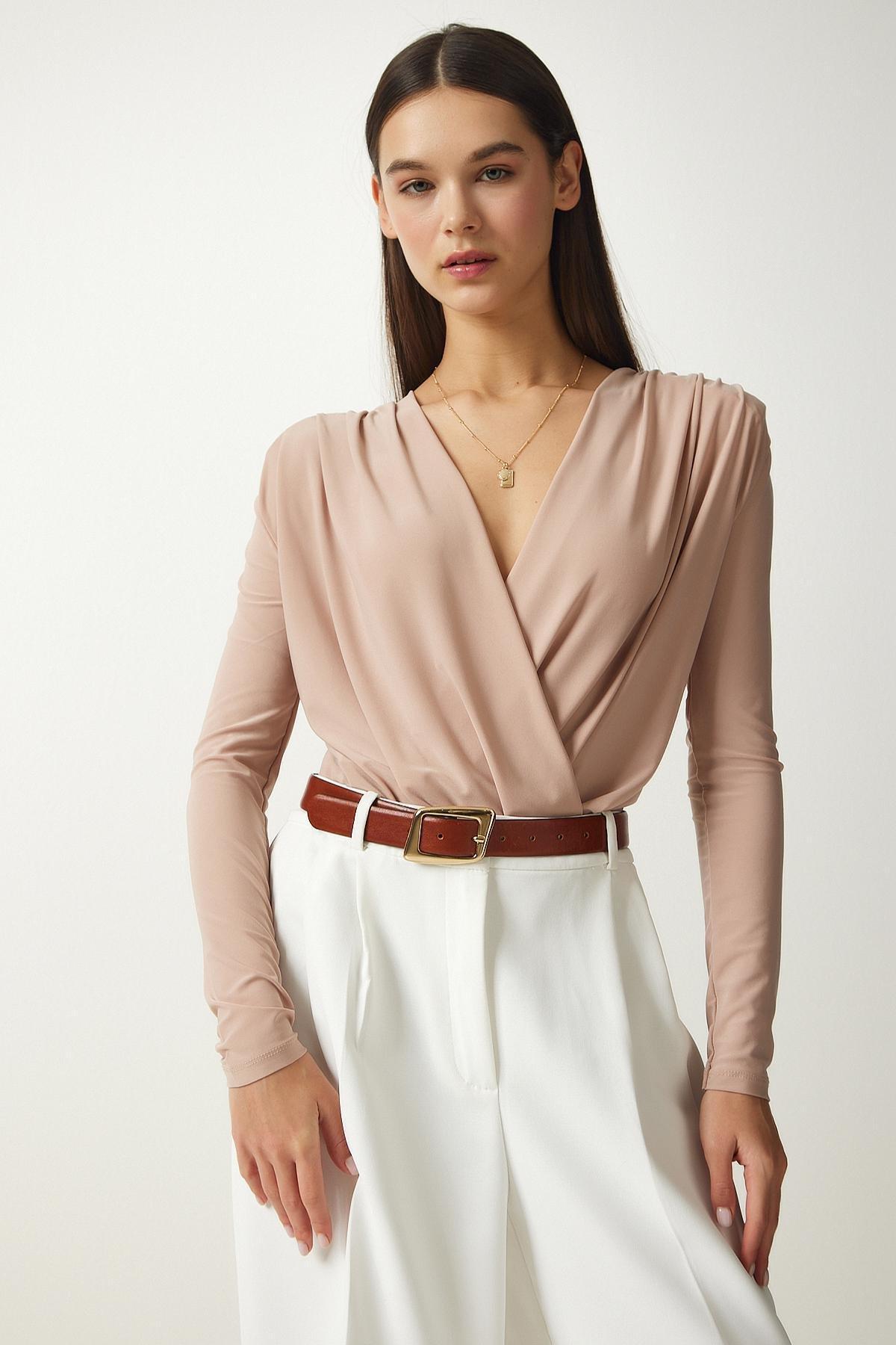 Beige Wrap Collar Snap-On Knitted Blouse, Beige, large image number 1