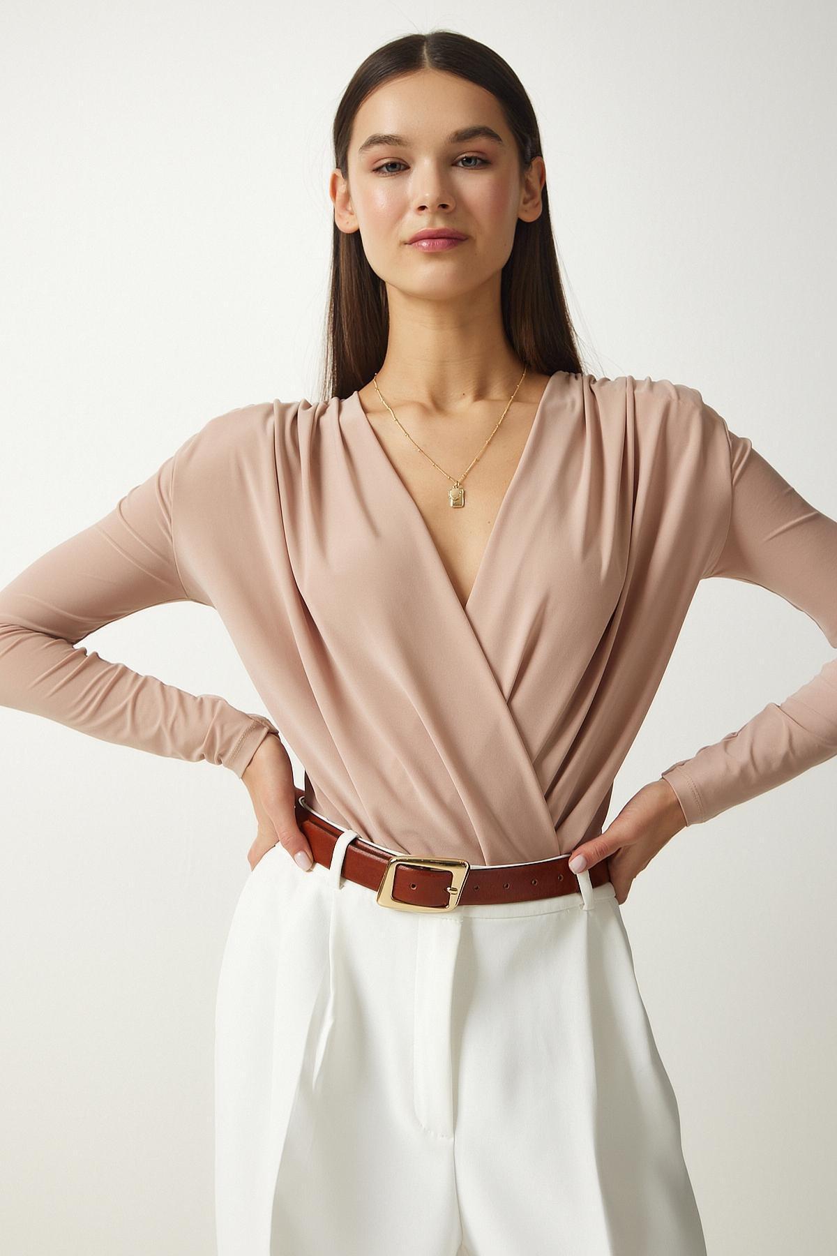 Beige Wrap Collar Snap-On Knitted Blouse, Beige, large image number 2
