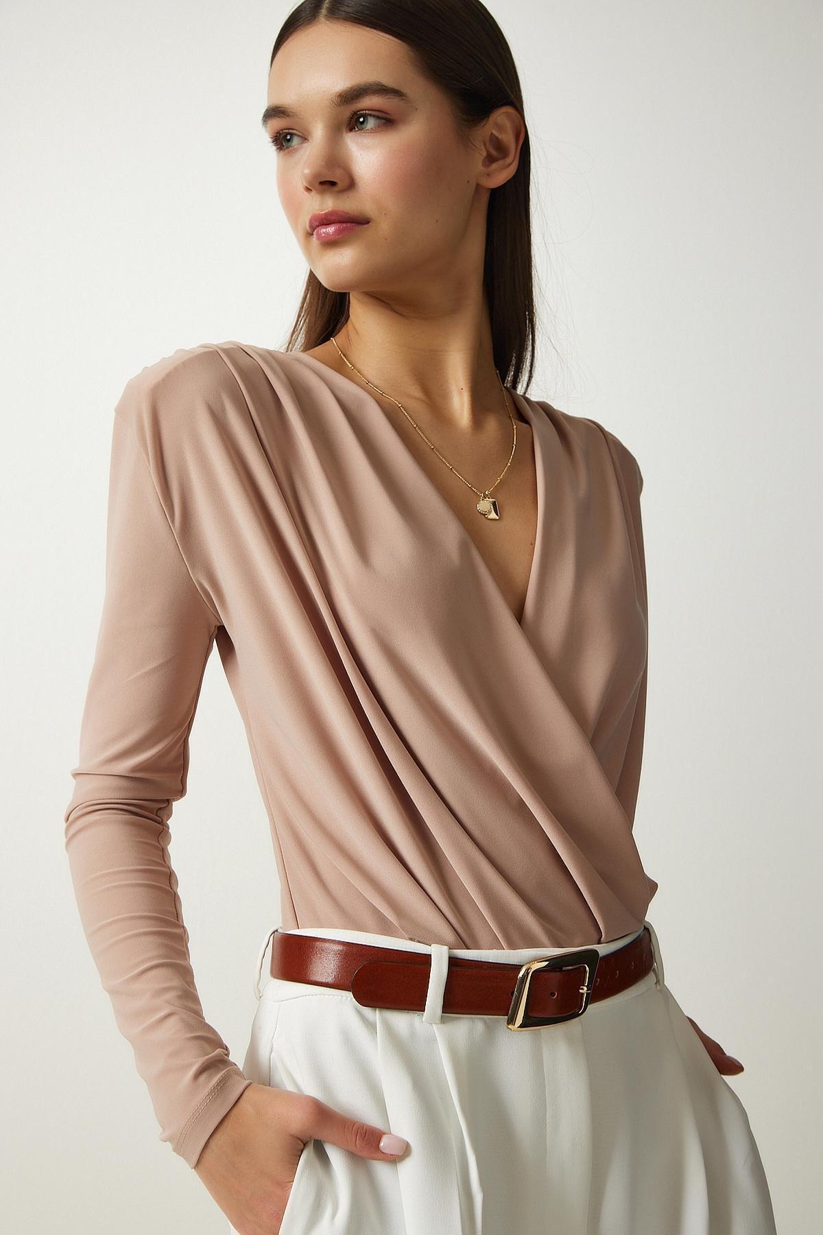Beige Wrap Collar Snap-On Knitted Blouse, Beige, large image number 3