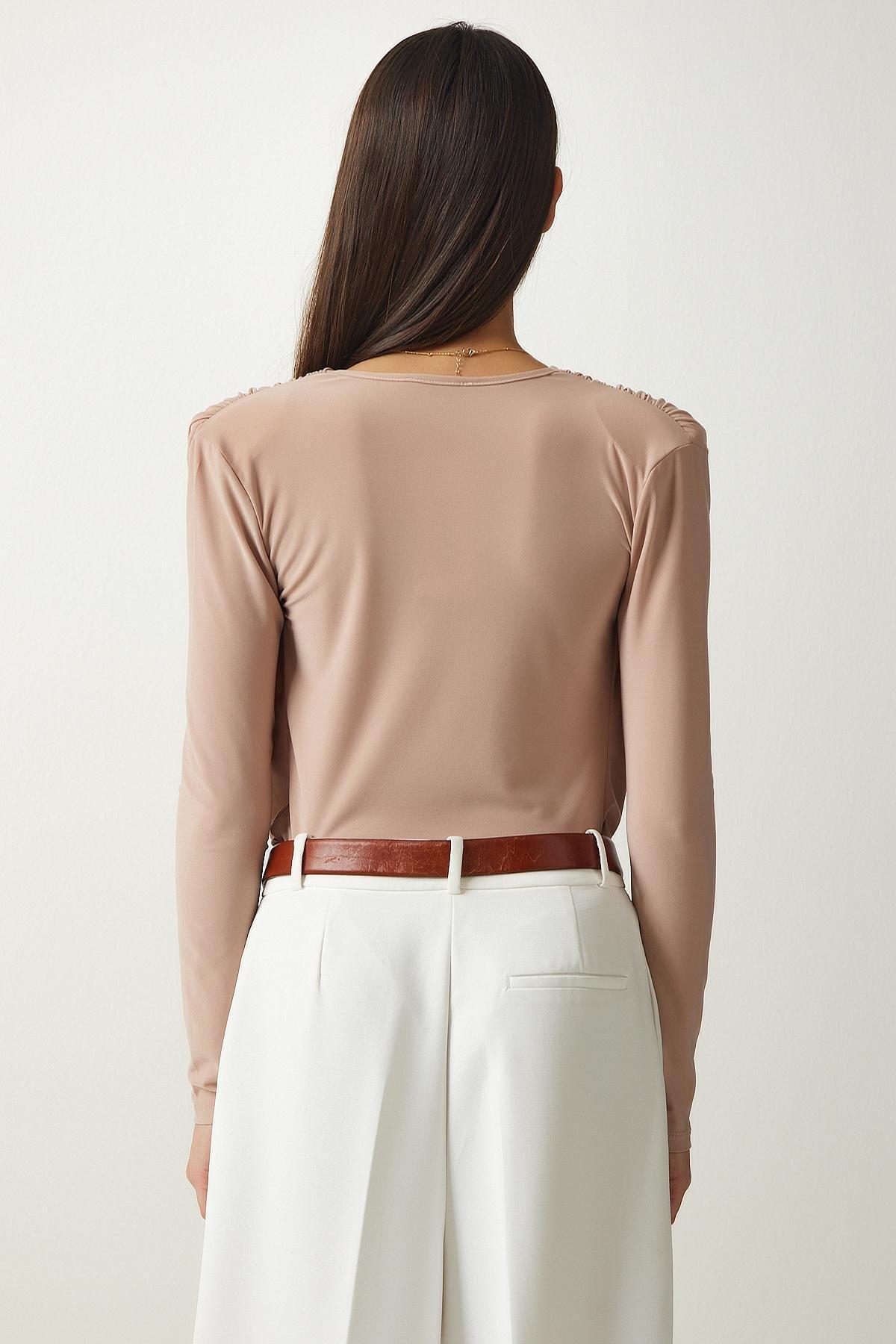 Beige Wrap Collar Snap-On Knitted Blouse, Beige, large image number 5