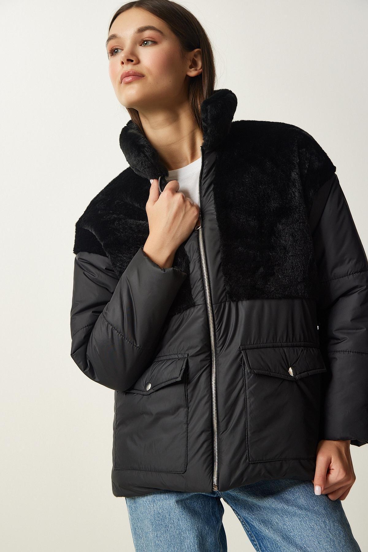 Black Collared Puffer Coat, , large image number 0