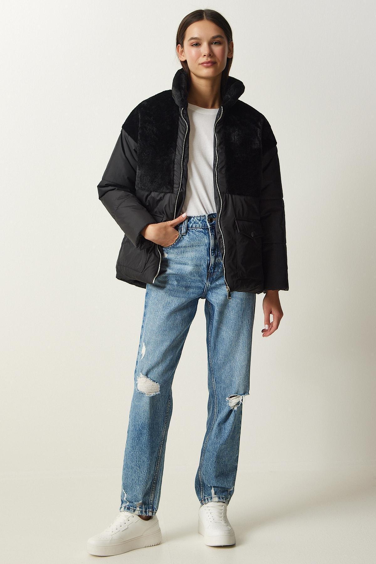 Black Collared Puffer Coat, , large image number 3