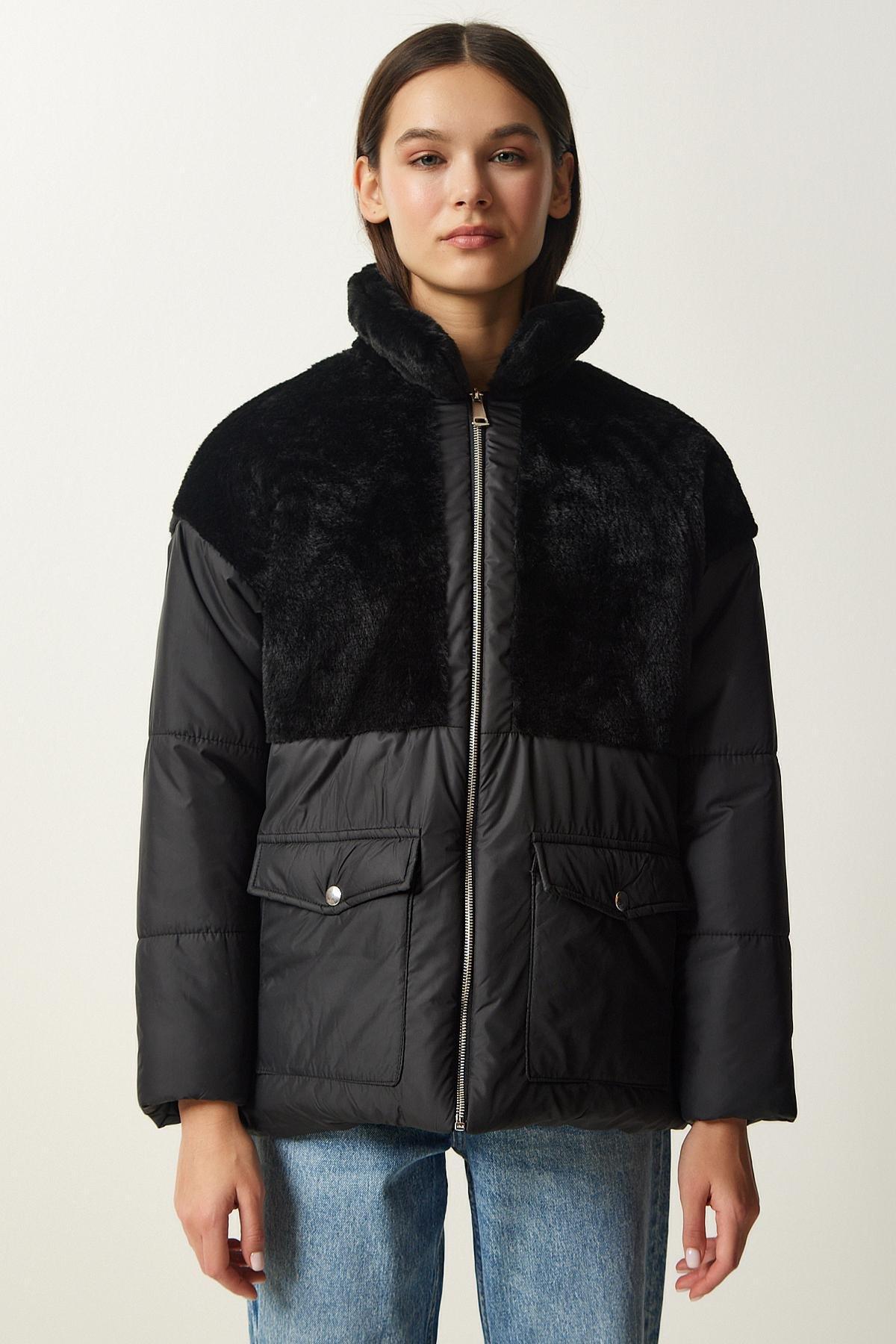 Black Collared Puffer Coat, , large image number 4
