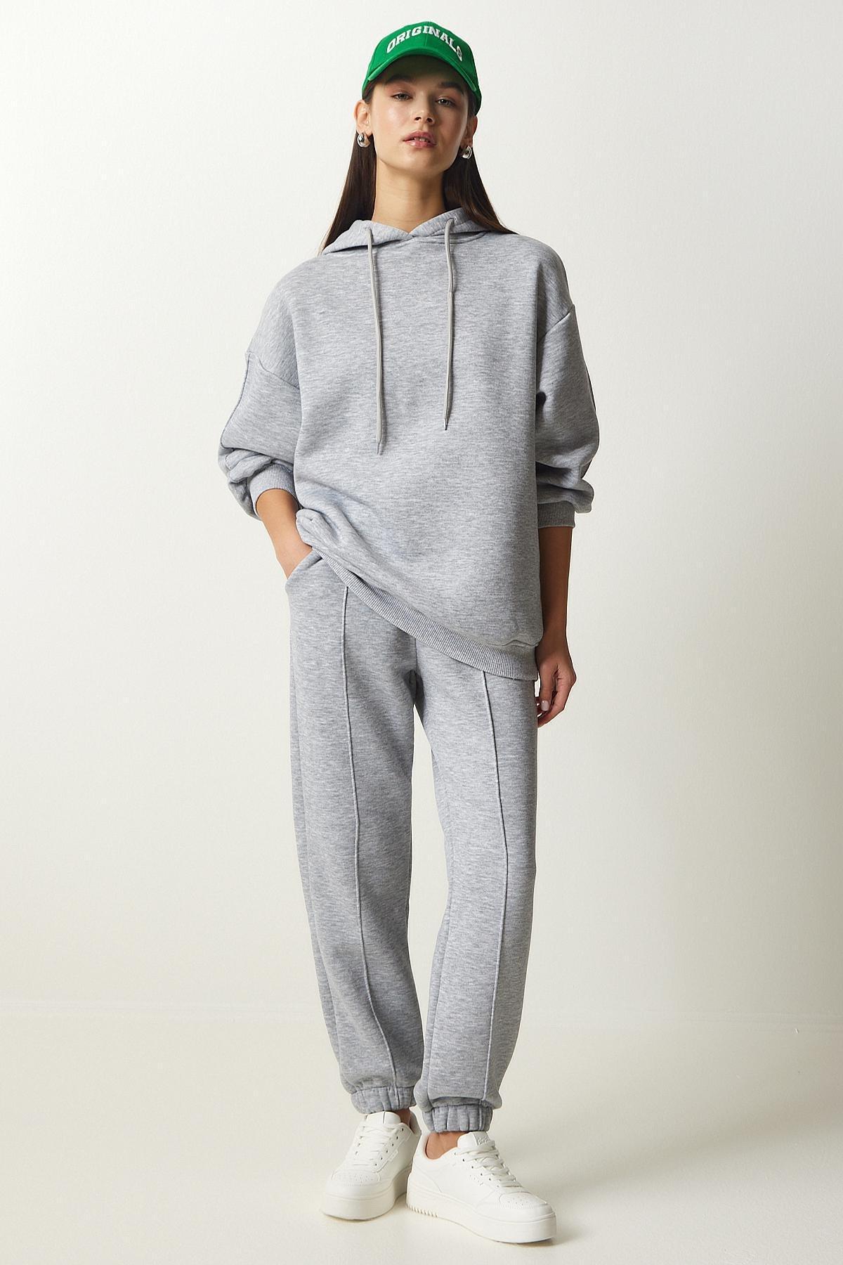 Happiness Istanbul - Grey Hooded Knitted Tracksuit, Set Of 2