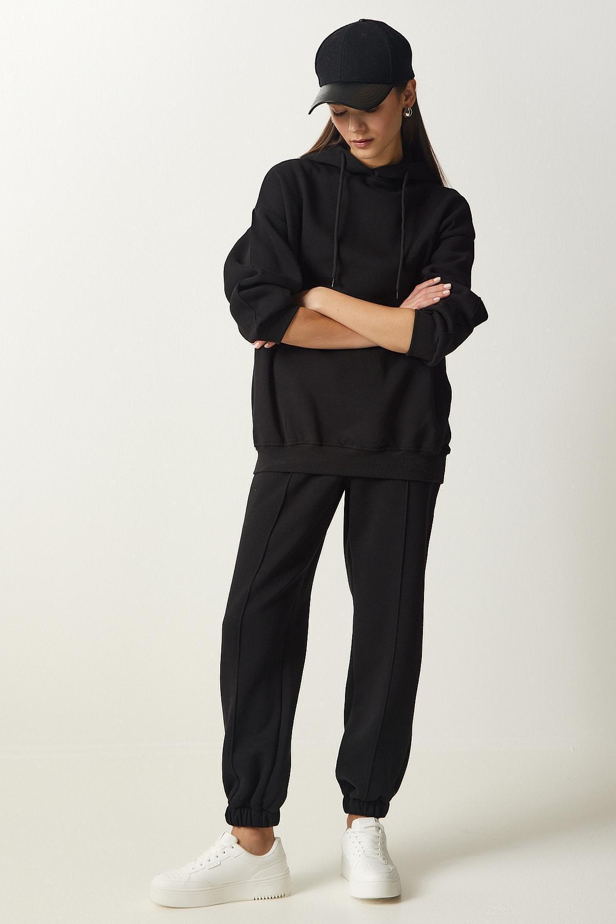 Happiness Istanbul - Womens Black Hooded Raised Knitted Tracksuit Set DD01279, 2 x