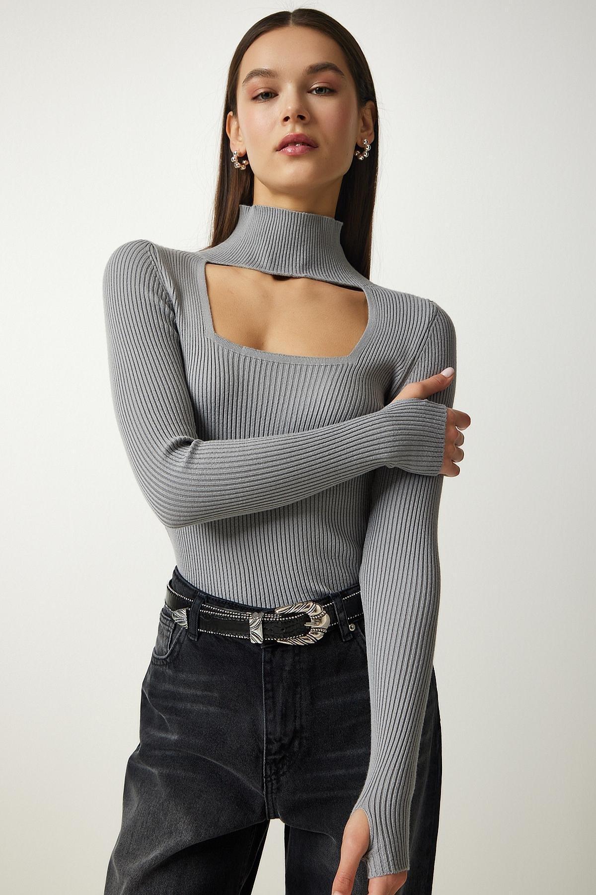 Beige Detailed High Neck Knitted Sweater, STONE, large image number 1