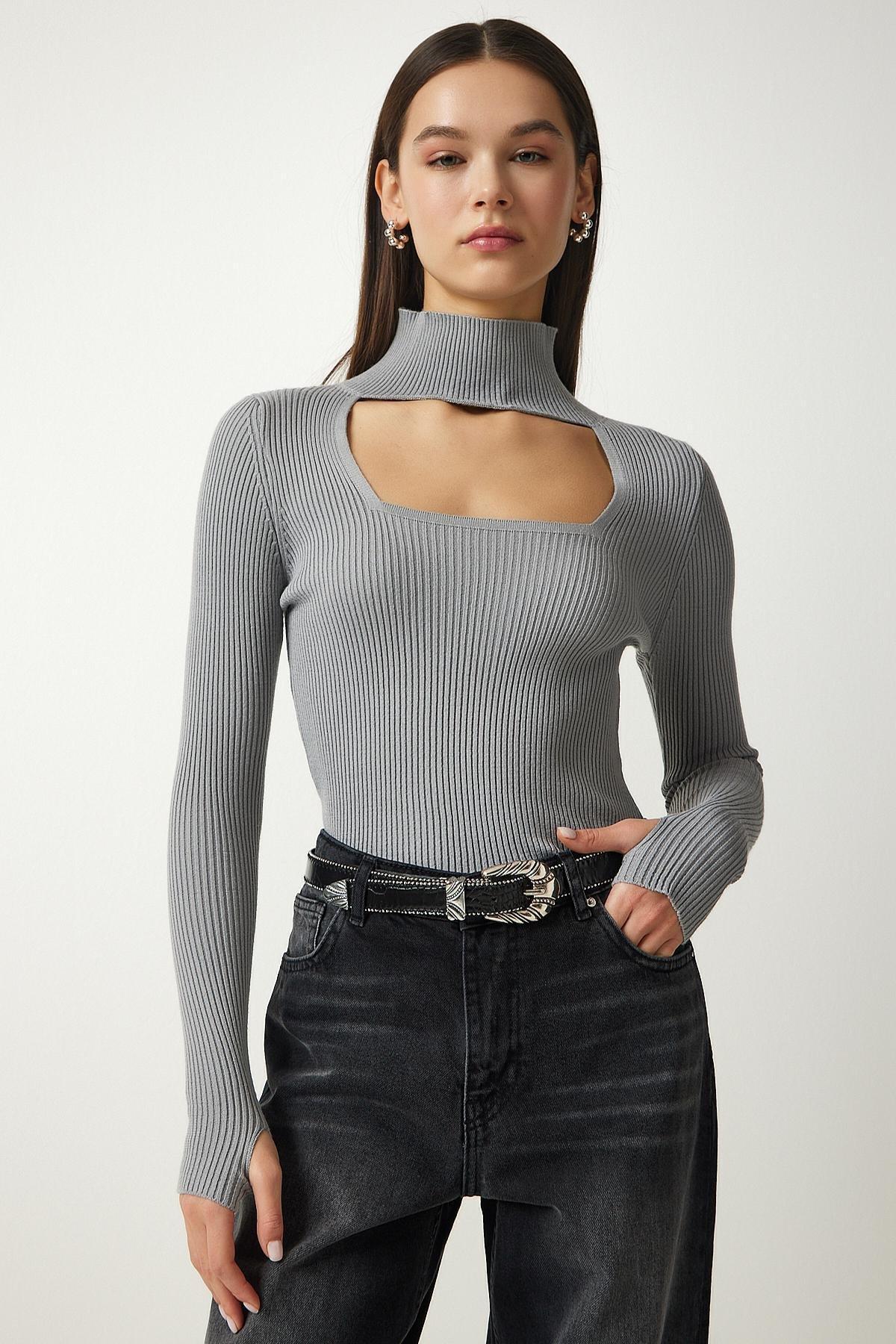 Beige Detailed High Neck Knitted Sweater, STONE, large image number 2