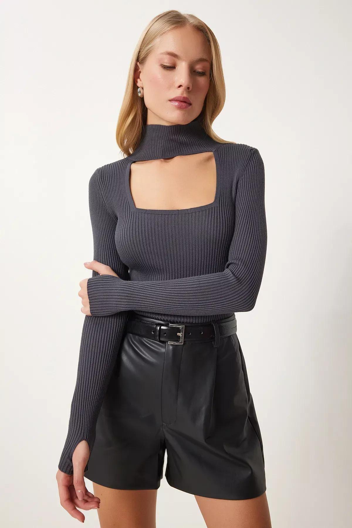 Grey Cutout Ribbed Knit Sweater, Anthracite, large image number 1