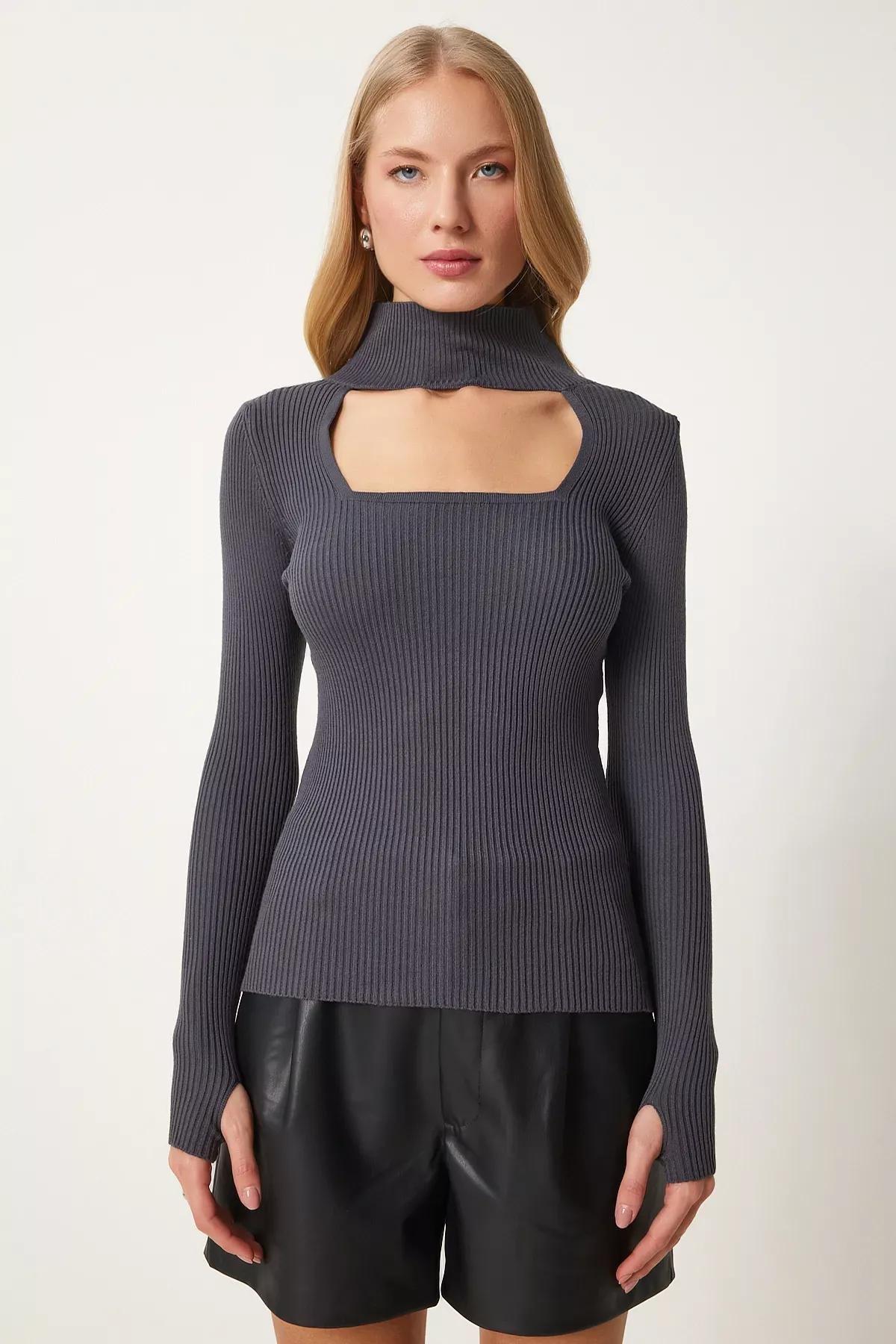 Grey Cutout Ribbed Knit Sweater, Anthracite, large image number 3