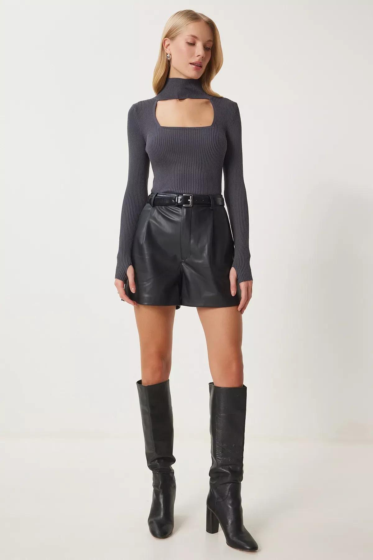 Grey Cutout Ribbed Knit Sweater, Anthracite, large image number 4