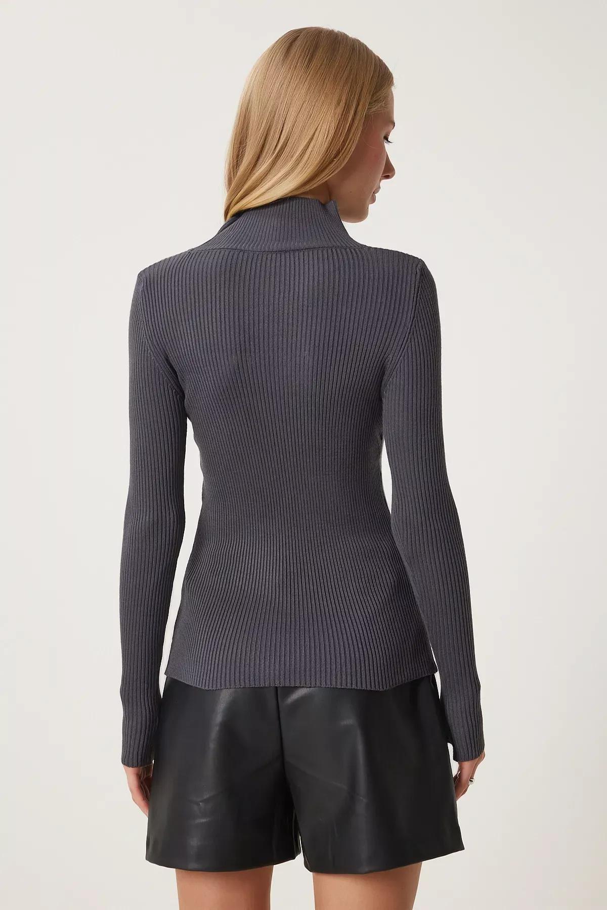 Grey Cutout Ribbed Knit Sweater, Anthracite, large image number 5