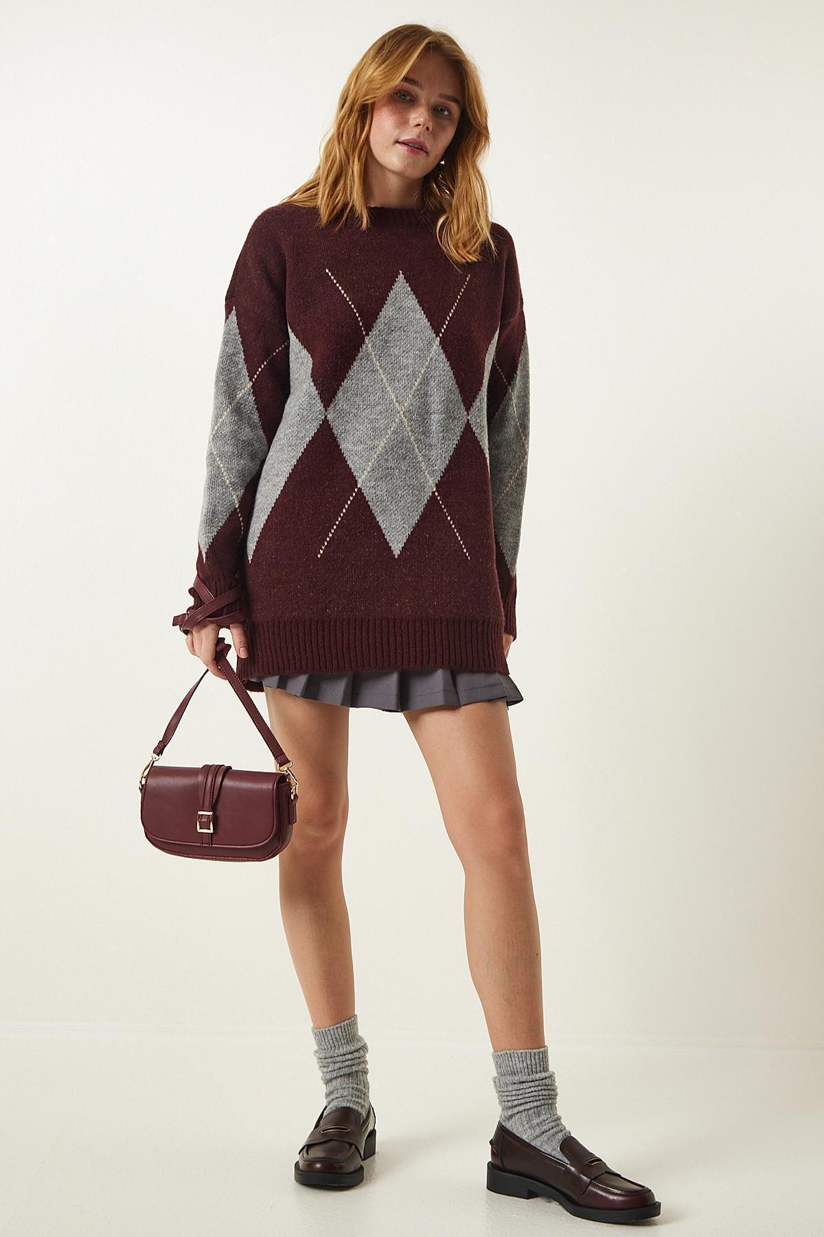 Burgundy Gray Premium Diamond Patterned Oversize Knitwear Sweater FN03163, single, C101_4641, large image number 0