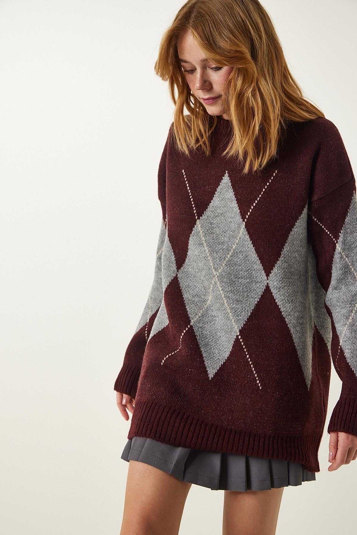 Burgundy Gray Premium Diamond Patterned Oversize Knitwear Sweater FN03163, single, C101_4641, large image number 2