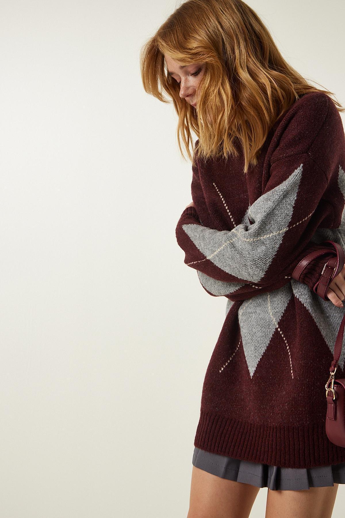 Burgundy Gray Premium Diamond Patterned Oversize Knitwear Sweater FN03163, single, C101_4641, large image number 3