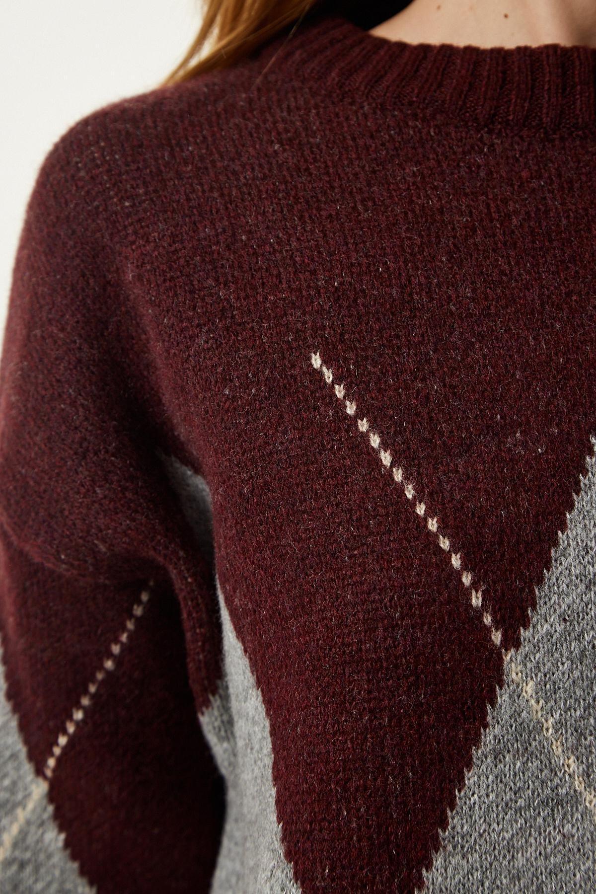 Burgundy Gray Premium Diamond Patterned Oversize Knitwear Sweater FN03163, single, C101_4641, large image number 4