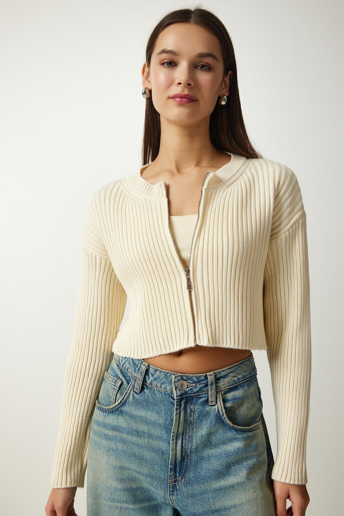 White Zippered Ed Ribbed Knitted Cardigan, Cream, large image number 0