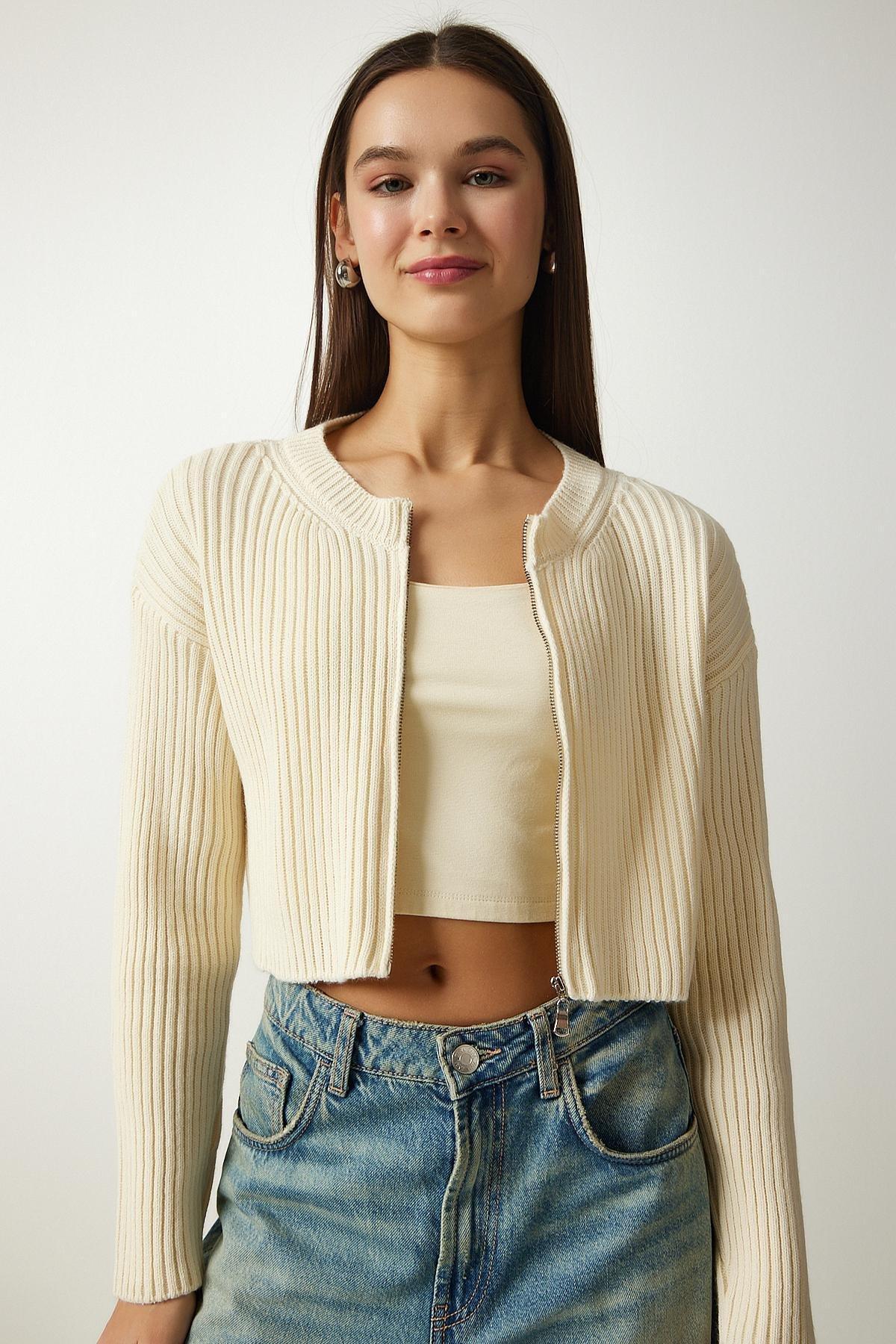 White Zippered Ed Ribbed Knitted Cardigan, Cream, large image number 2