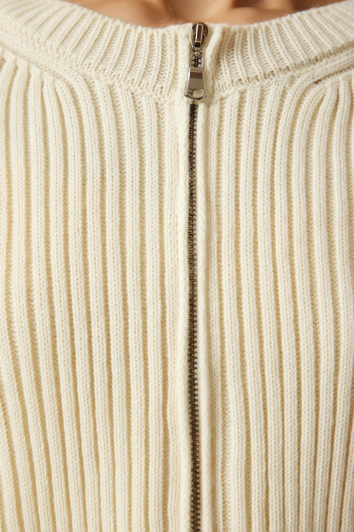 White Zippered Ed Ribbed Knitted Cardigan, Cream, large image number 3