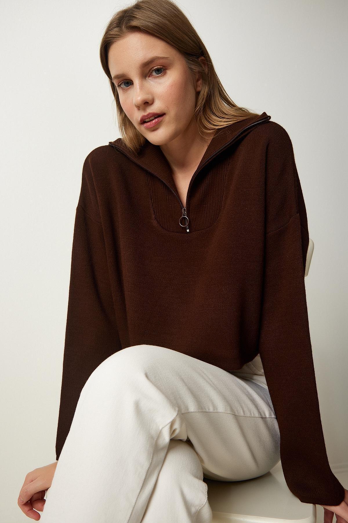Womens Brown Zipper Collar Knitwear Sweater PF00055, Single item, C101_120, large image number 0
