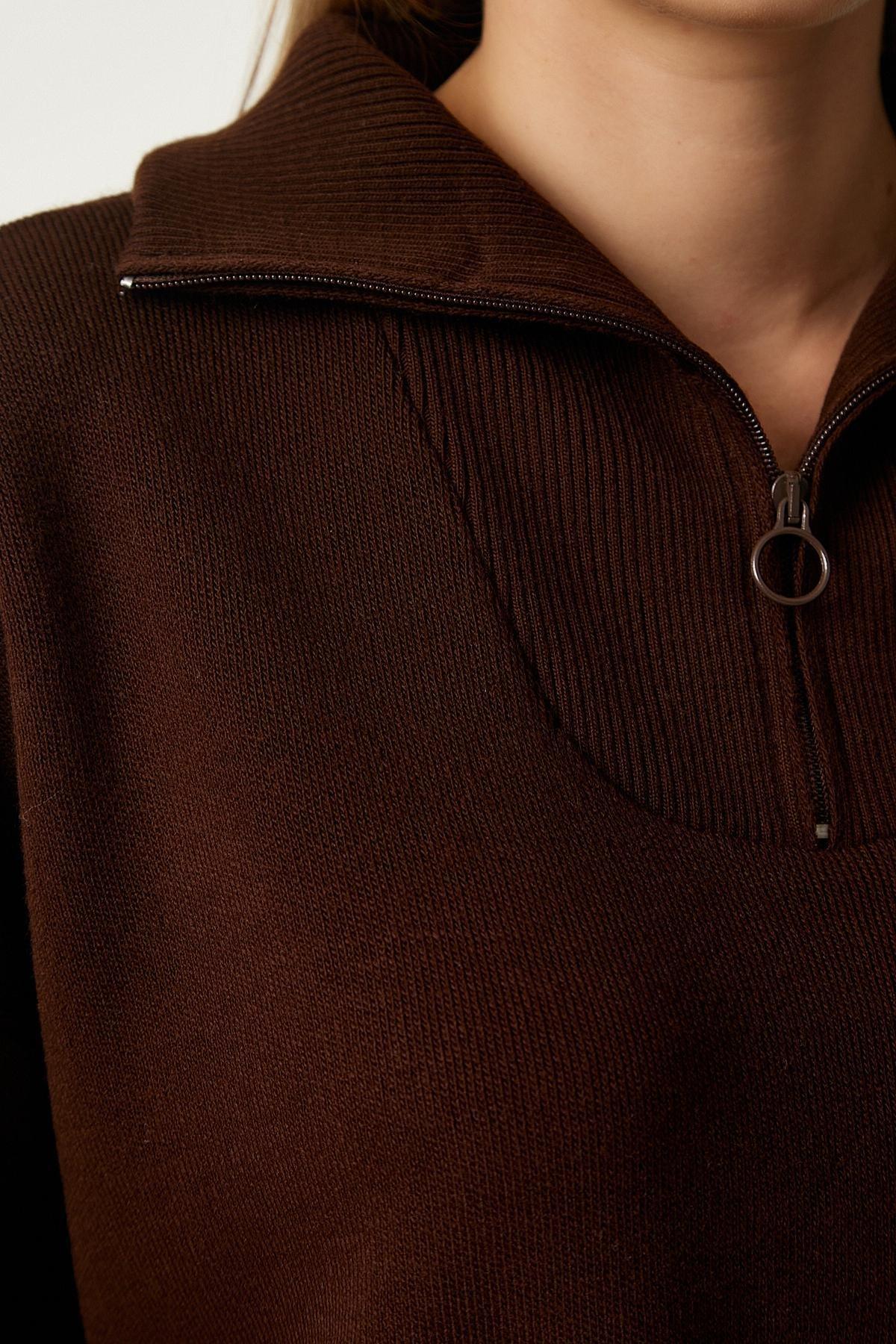 Womens Brown Zipper Collar Knitwear Sweater PF00055, Single item, C101_120, large image number 2