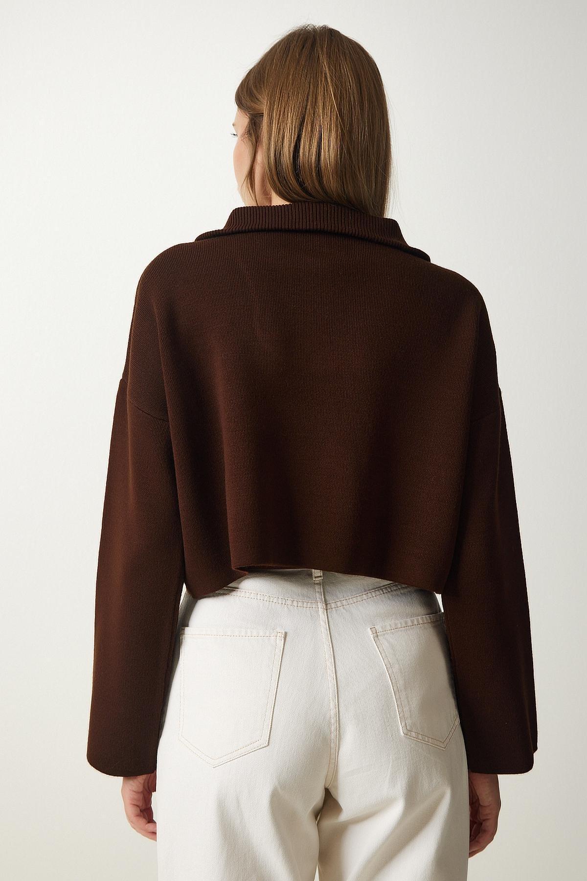 Womens Brown Zipper Collar Knitwear Sweater PF00055, Single item, C101_120, large image number 3
