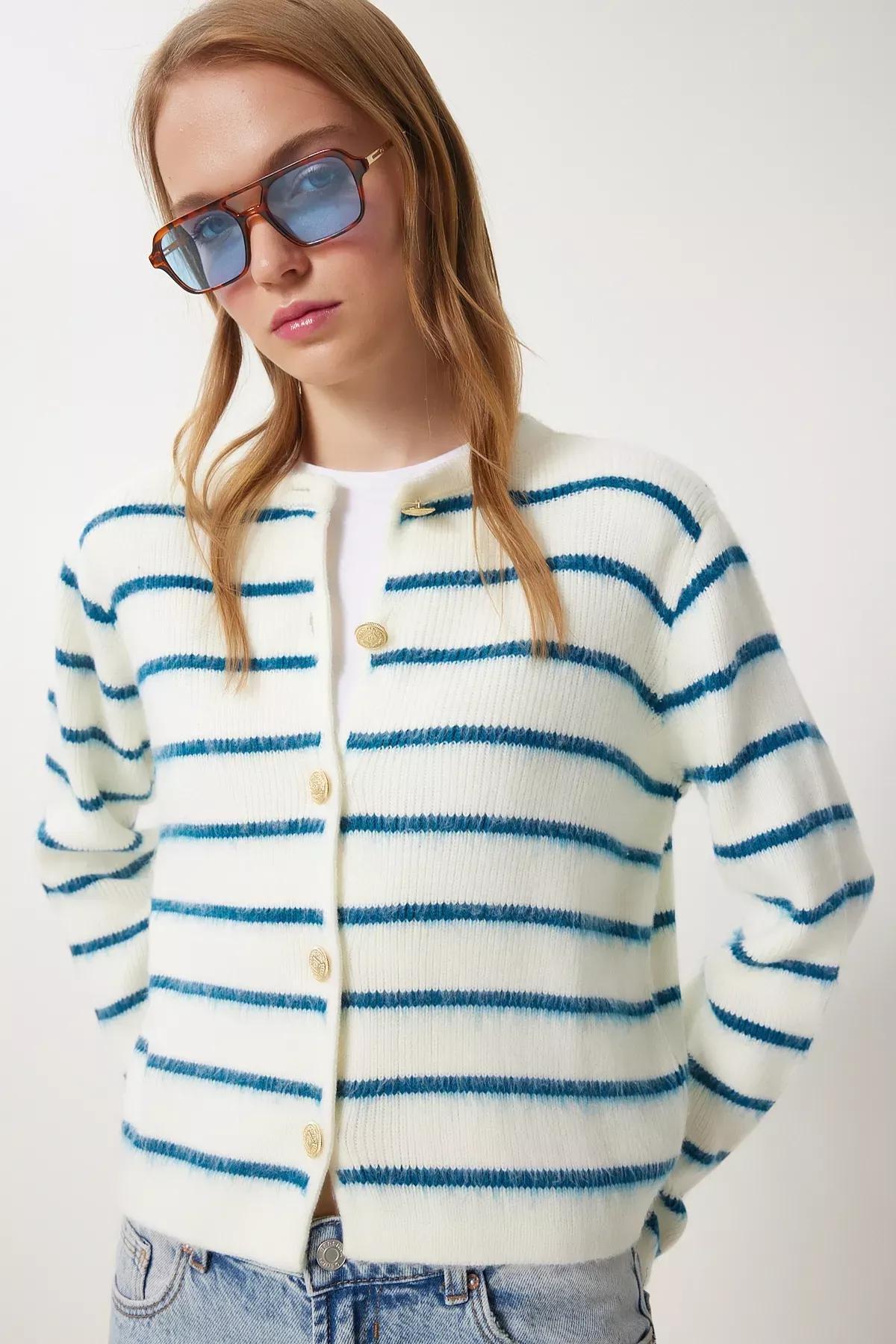 White Blue Buttoned Striped Cardigan, Bone Blue, large image number 0