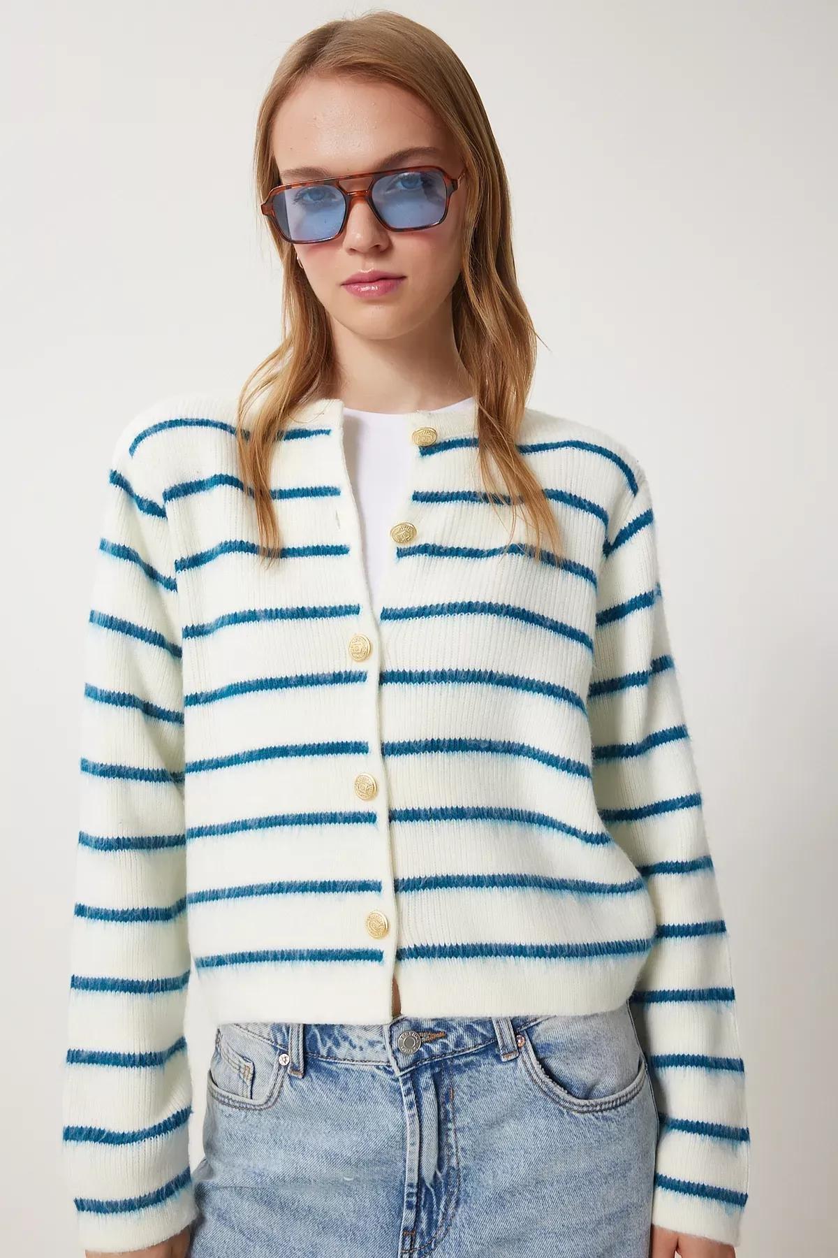 White Blue Buttoned Striped Cardigan, Bone Blue, large image number 1