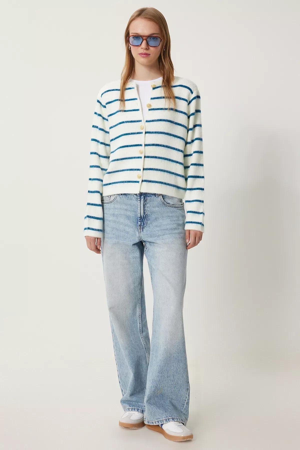 White Blue Buttoned Striped Cardigan, Bone Blue, large image number 2