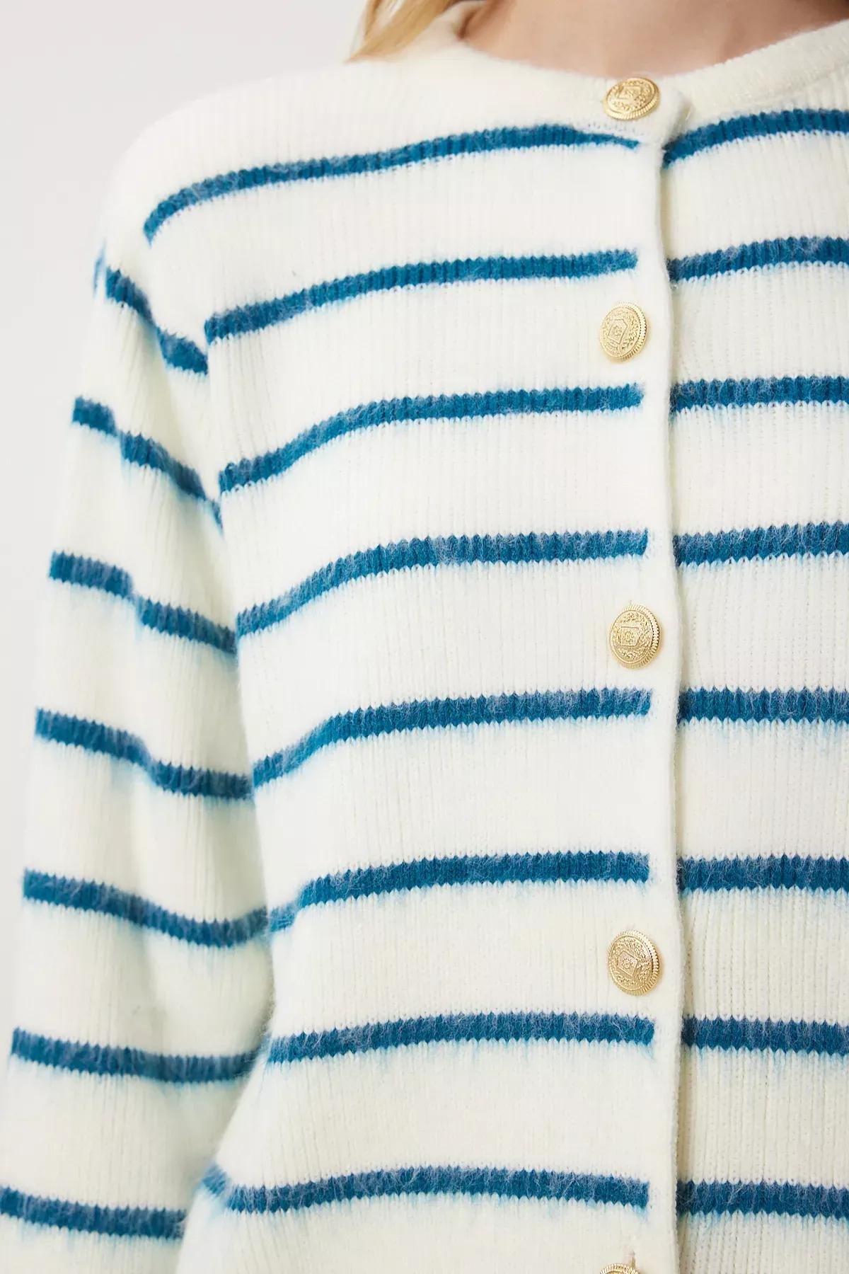 White Blue Buttoned Striped Cardigan, Bone Blue, large image number 3