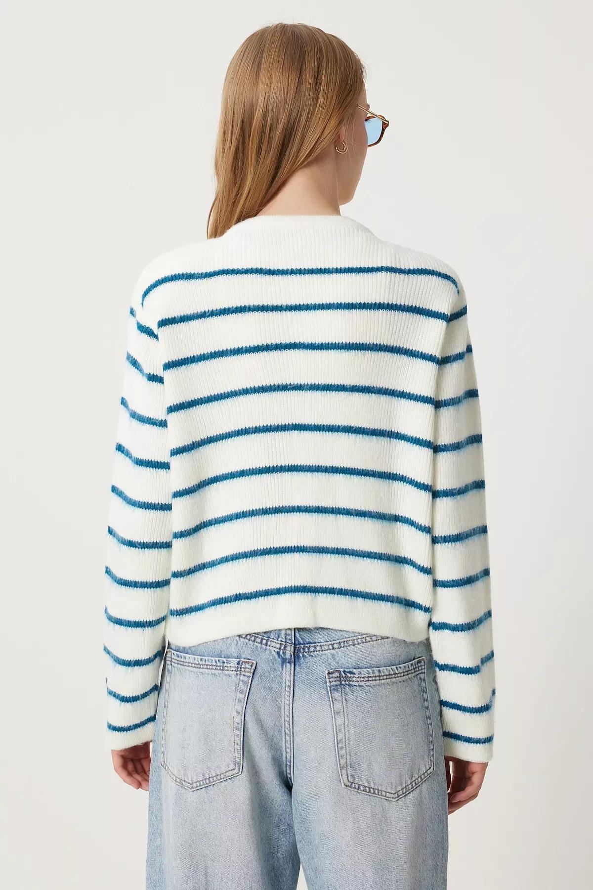 White Blue Buttoned Striped Cardigan, Bone Blue, large image number 4