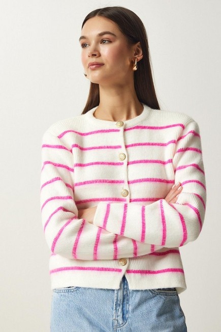 Happiness - Pink Buttoned Striped Knitted Cardigan
